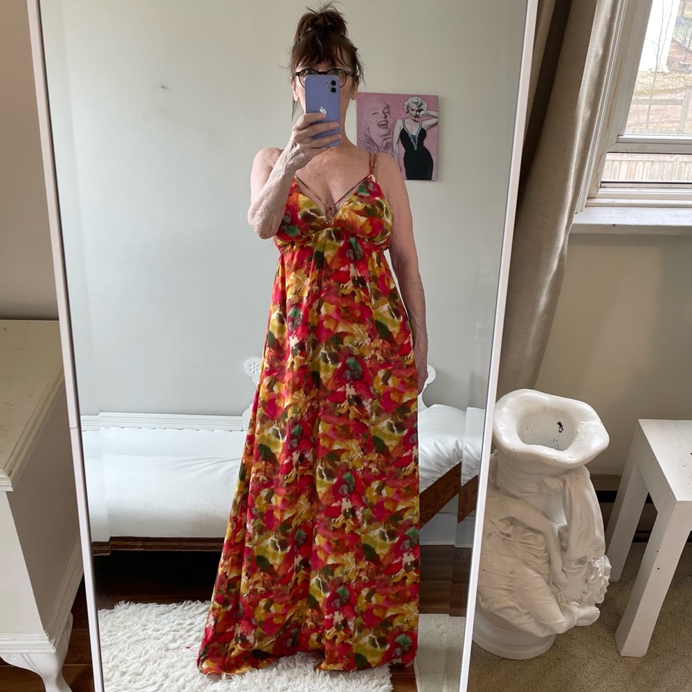 PINK RED YELLOW GREEN FLORAL SLEEVELESS MAXI DRESS LINED DOUBLE STRAPS